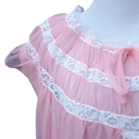 Vintage Helion Chatillon Pink Nightgown Negligee Nylon Nightdress Fits a XS-L - Picture 10 of 14